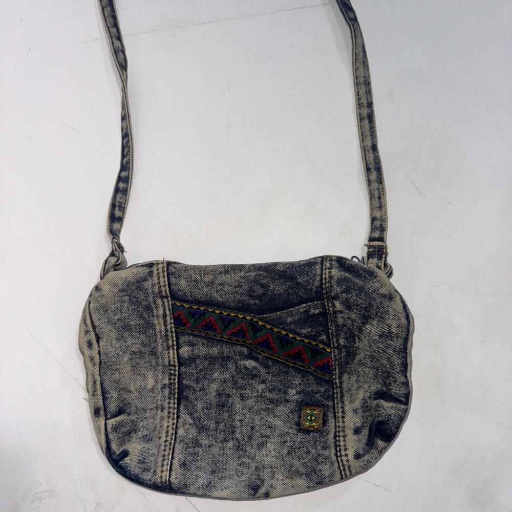 Vintage 80s 90s Denim Jean Aztec Distressed Pockets Crossbody‎ Bag Purse - Picture 3 of 14